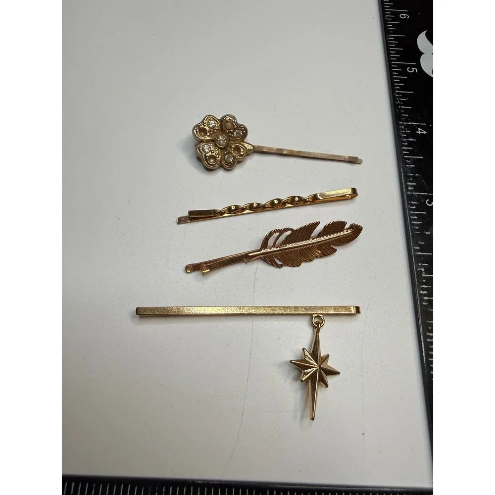 Gold Tone Hair Pin Set Flower Feather North Star Celestial Bobby Pins 4pc